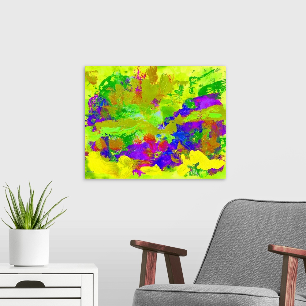 A modern room featuring Abstract Lemon Lime Palm Springs Swagger, painting by RD Riccoboni