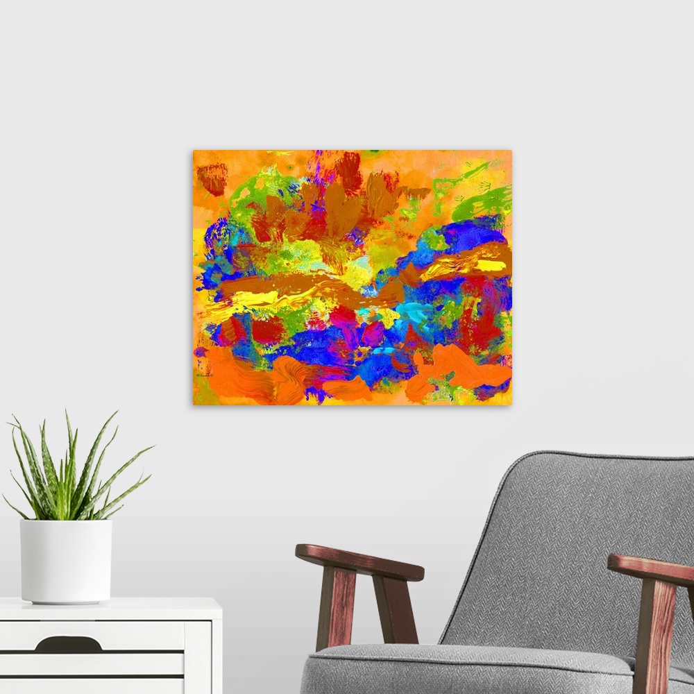 A modern room featuring Abstract painting Palm Springs Swagger by RD Riccoboni. Orange, blue, yellow, green and reds in a...