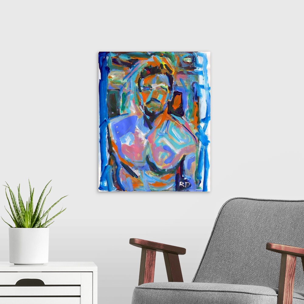 A modern room featuring Abstract Sex portrait of a man, male nude, gay art.
