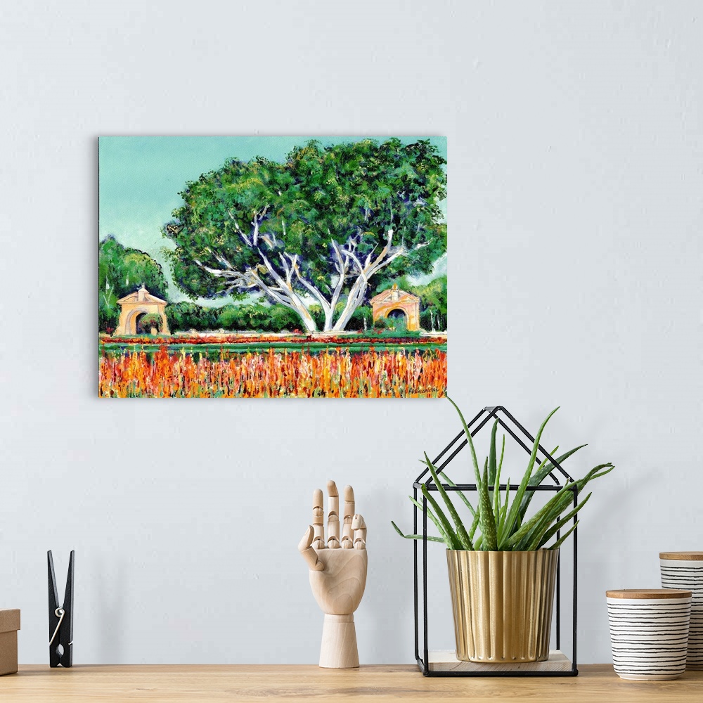 A bohemian room featuring Painting of the Alcazar Garden in beautiful Balboa Park San Diego.