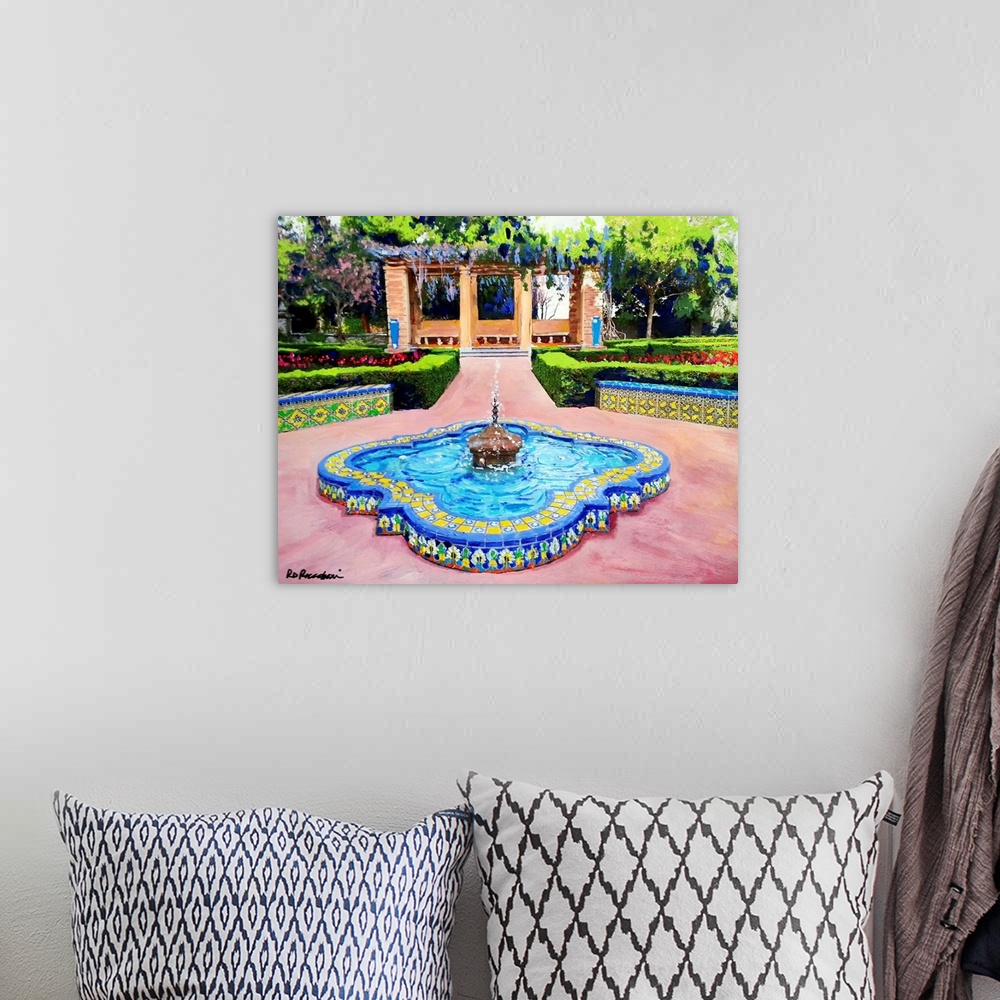 A bohemian room featuring One of the fountains at historic Balboa Park's Alcazar Garden in San Diego, California. Painting ...