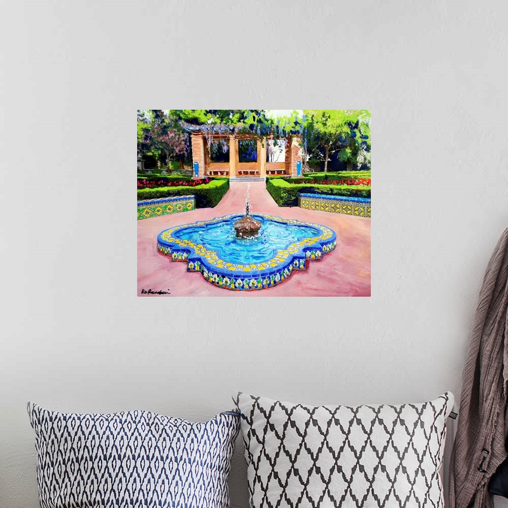 A bohemian room featuring One of the fountains at historic Balboa Park's Alcazar Garden in San Diego, California. Painting ...