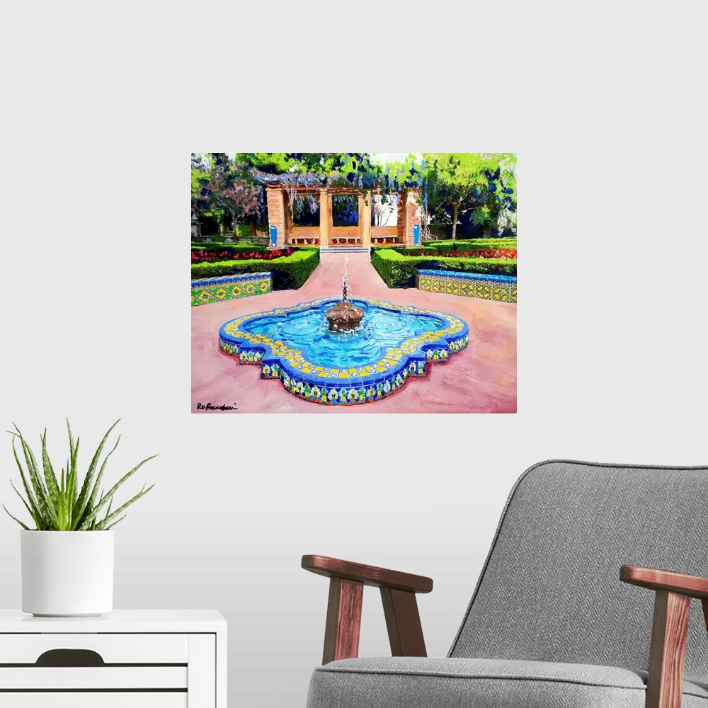 A modern room featuring One of the fountains at historic Balboa Park's Alcazar Garden in San Diego, California. Painting ...