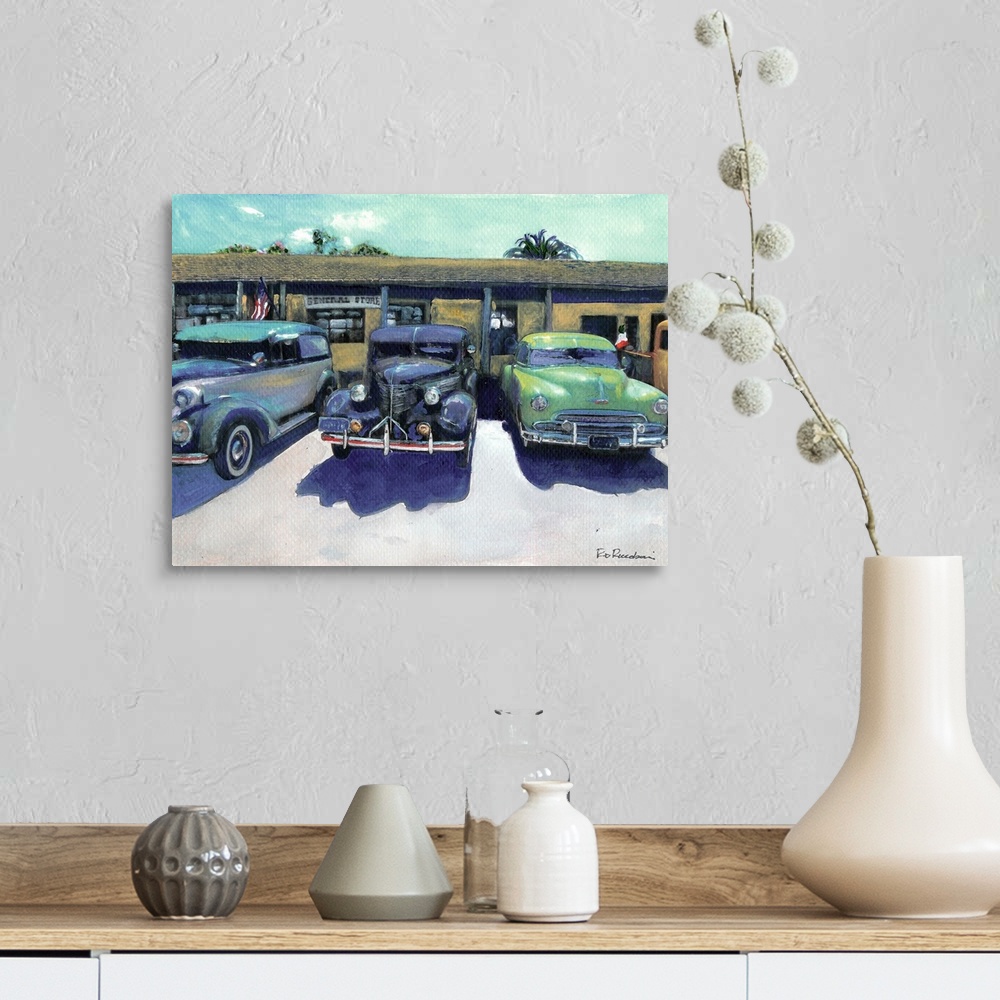 A farmhouse room featuring Cars At The General Store, Old Town San Diego State Historic Park. Acrylic painting by RD Riccoboni.