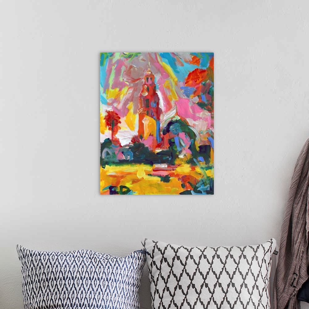 A bohemian room featuring Balboa Park San Diego California Tower, Museum of Man painting in fauvist abstract style by RD Ri...