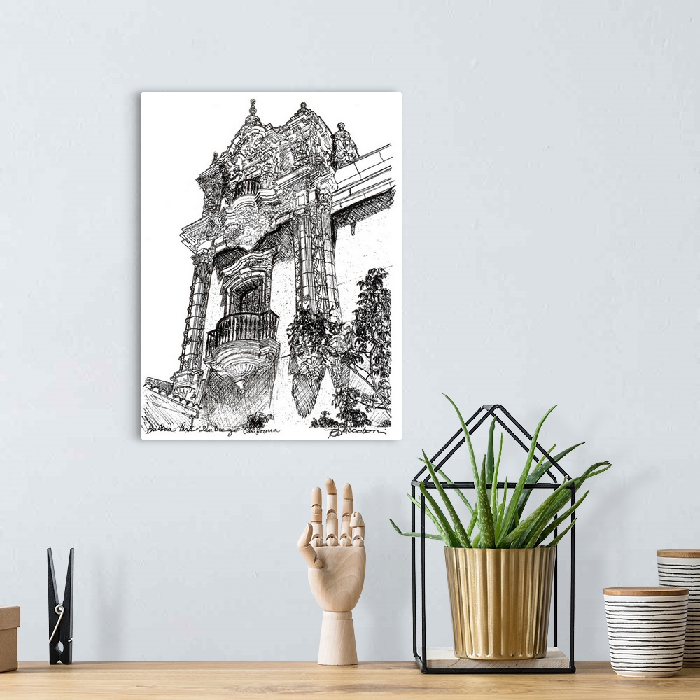 A bohemian room featuring Balboa Park Architecture drawing by RD Riccoboni. Black and white pen and ink drawing of a Tower ...