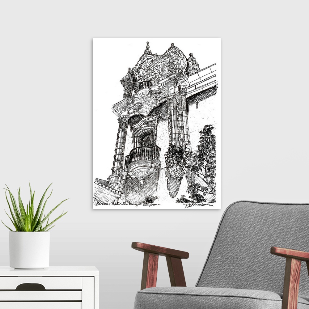 A modern room featuring Balboa Park Architecture drawing by RD Riccoboni. Black and white pen and ink drawing of a Tower ...