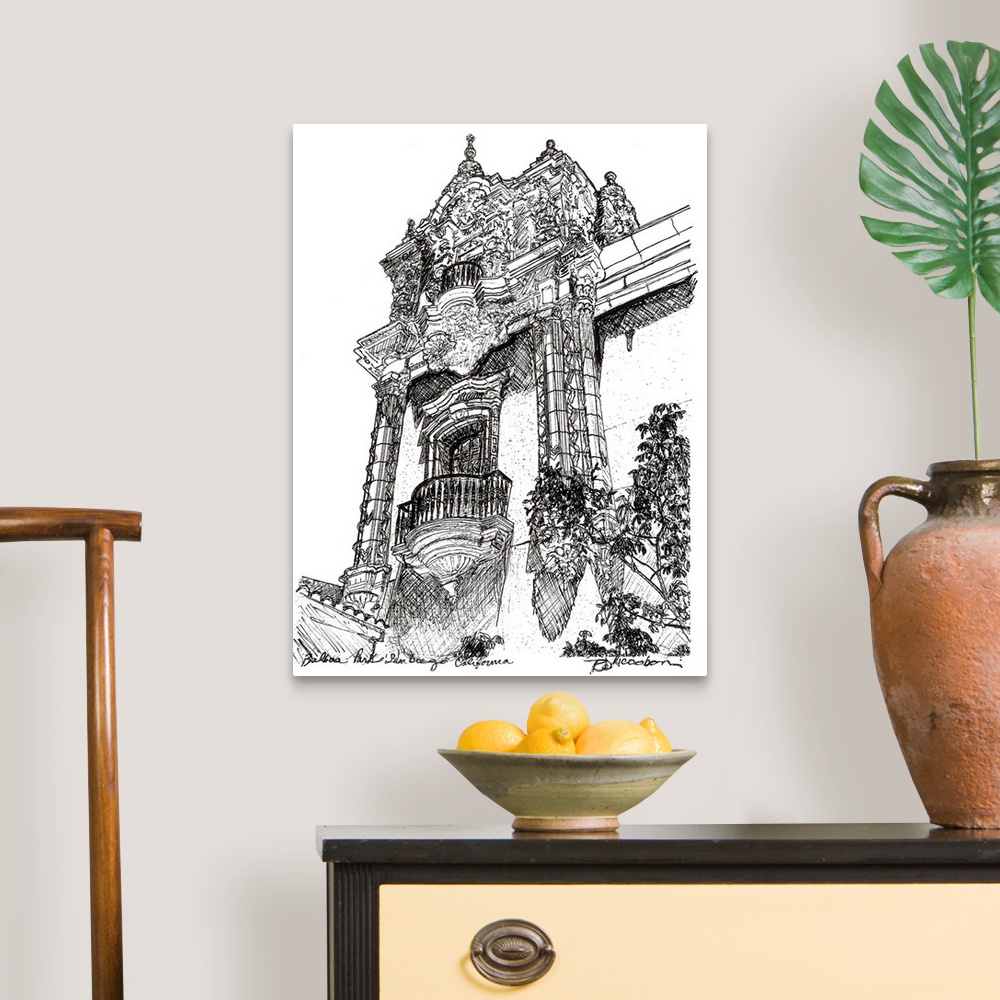 A traditional room featuring Balboa Park Architecture drawing by RD Riccoboni. Black and white pen and ink drawing of a Tower ...