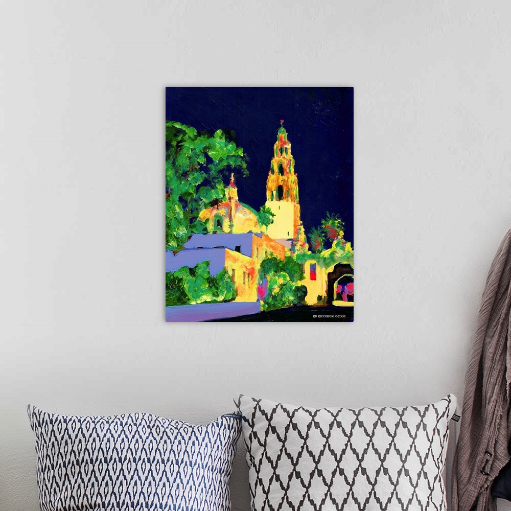 A bohemian room featuring Decorate your wall with Balboa Park at Night by RD Riccoboni. The California Building and tower i...