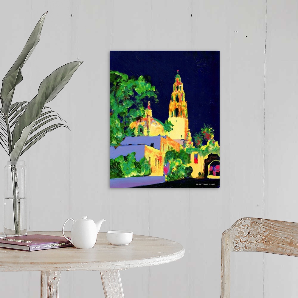 A farmhouse room featuring Decorate your wall with Balboa Park at Night by RD Riccoboni. The California Building and tower i...