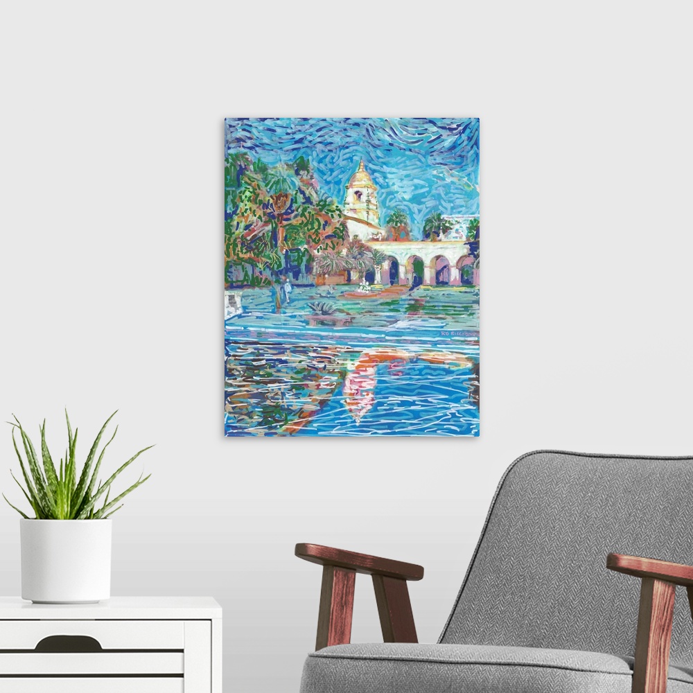 A modern room featuring Balboa Park in San Diego, by RD Riccoboni. Mixed media painting. The reflecting pool of the Botan...