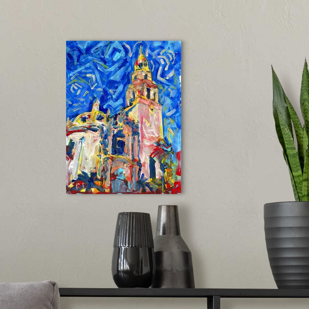 A modern room featuring Balboa Park, San Diego, California Tower, painting by RD Riccoboni, Contemporary art with broad b...