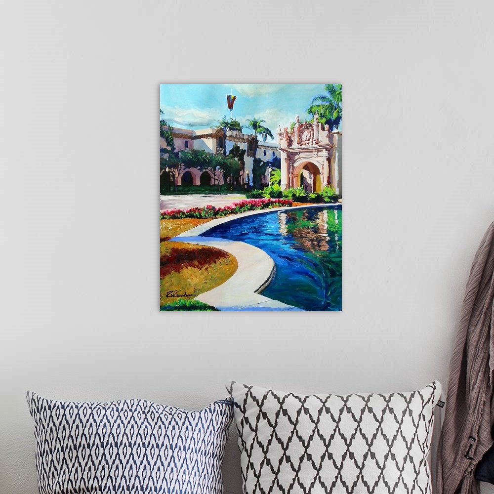 A bohemian room featuring Lily Pond and Home Economy Building Arcade Entrance, painting by RD Riccoboni.  Spanish colonial ...