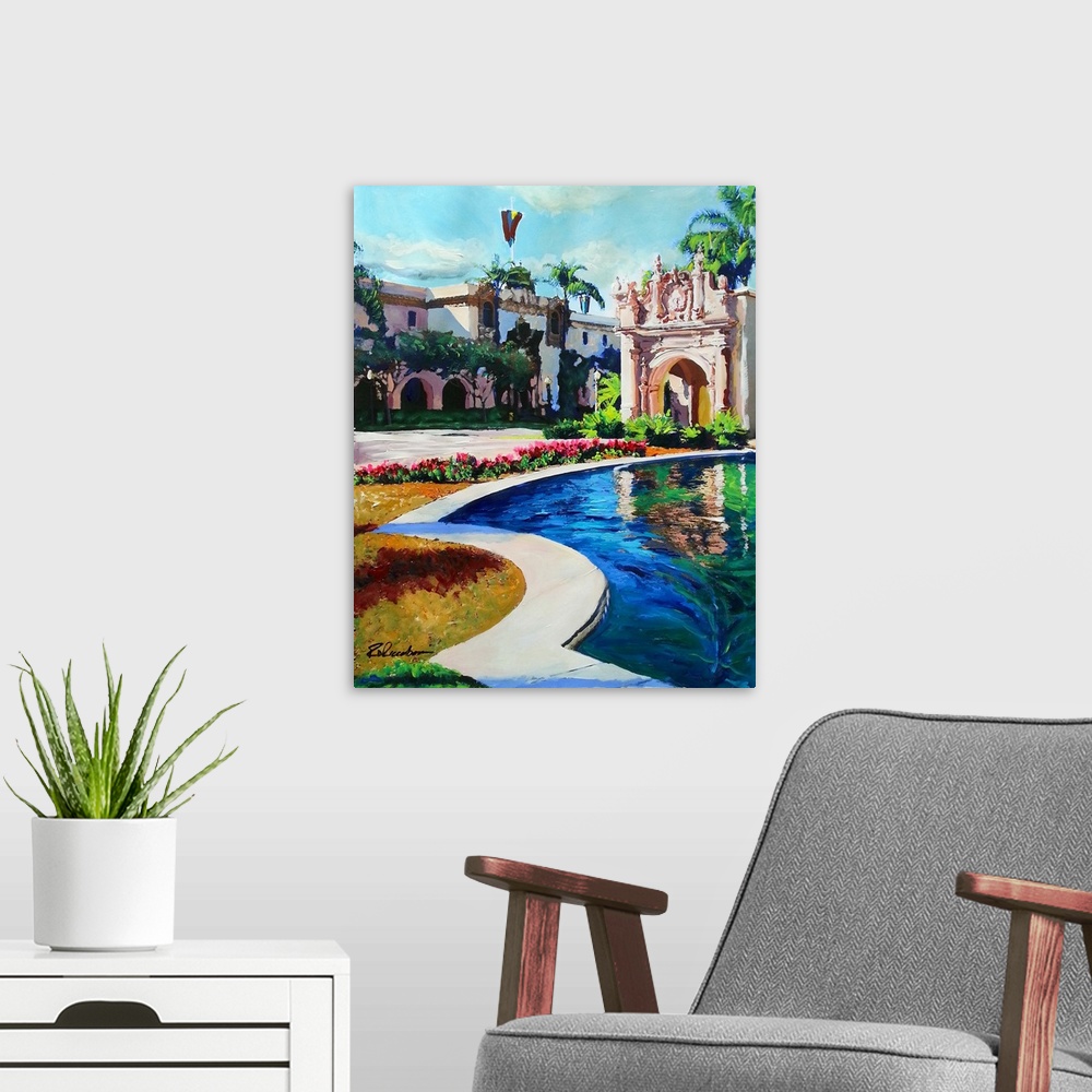 A modern room featuring Lily Pond and Home Economy Building Arcade Entrance, painting by RD Riccoboni.  Spanish colonial ...