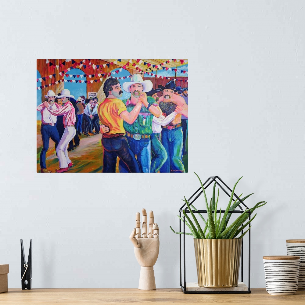 A bohemian room featuring Contemporary painting of men dancing in a barn together at the Gay Rodeo.