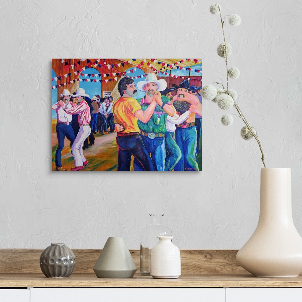 A farmhouse room featuring Contemporary painting of men dancing in a barn together at the Gay Rodeo.