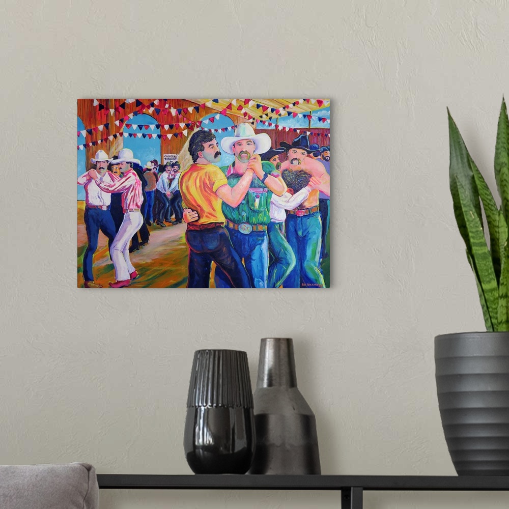 A modern room featuring Contemporary painting of men dancing in a barn together at the Gay Rodeo.