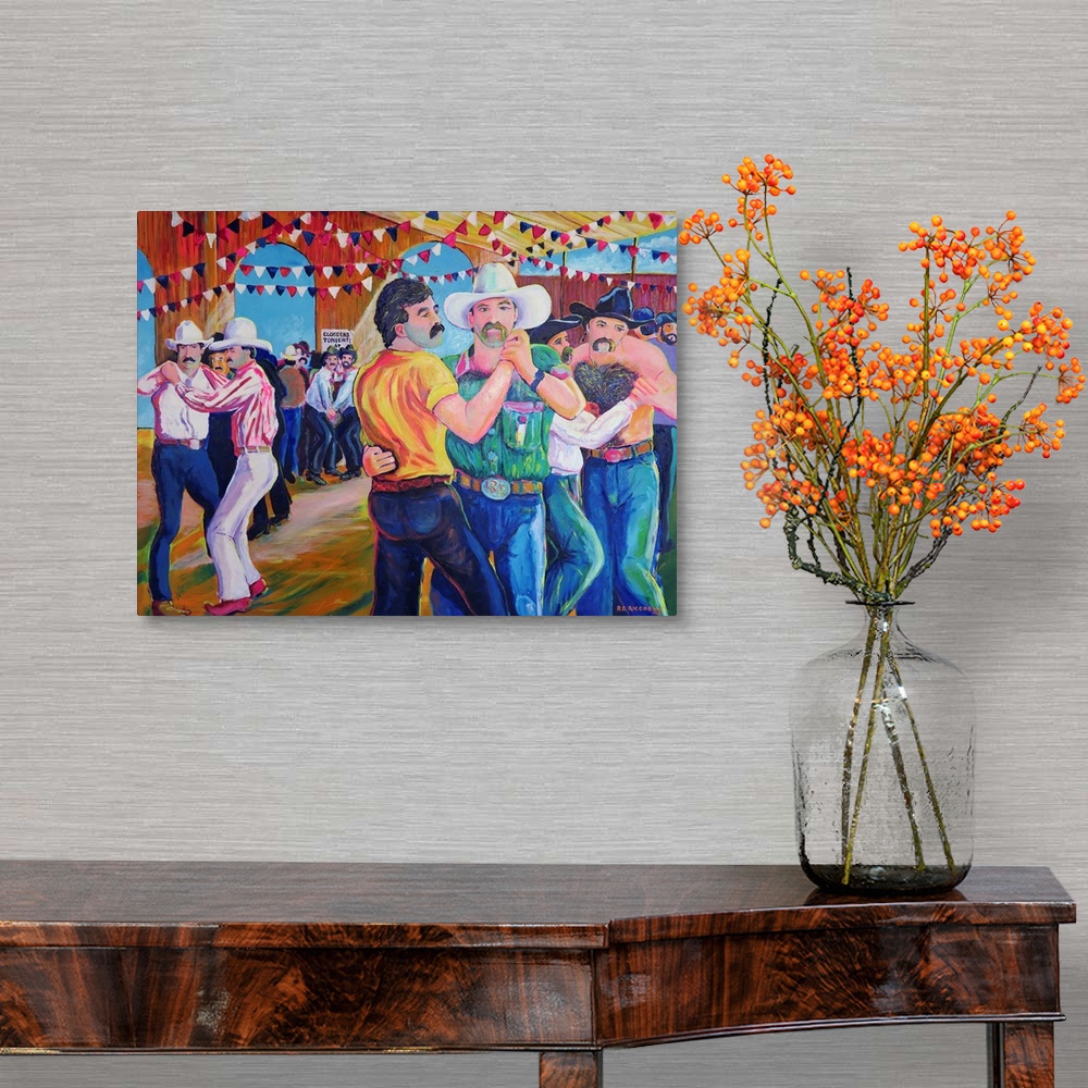A traditional room featuring Contemporary painting of men dancing in a barn together at the Gay Rodeo.