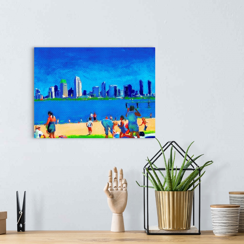 A bohemian room featuring Watercolor painting of one of the best city views from the beach at the Ferry Landing on Coronado...