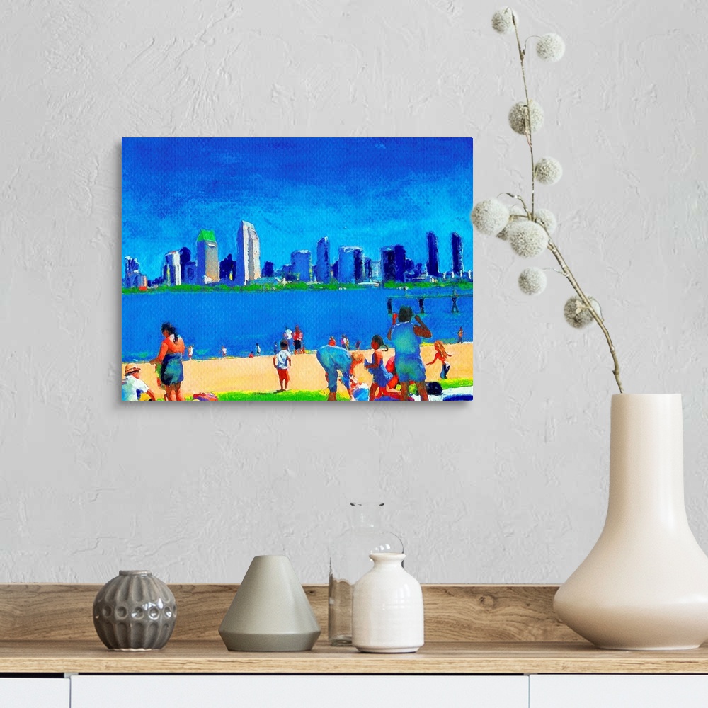 A farmhouse room featuring Watercolor painting of one of the best city views from the beach at the Ferry Landing on Coronado...
