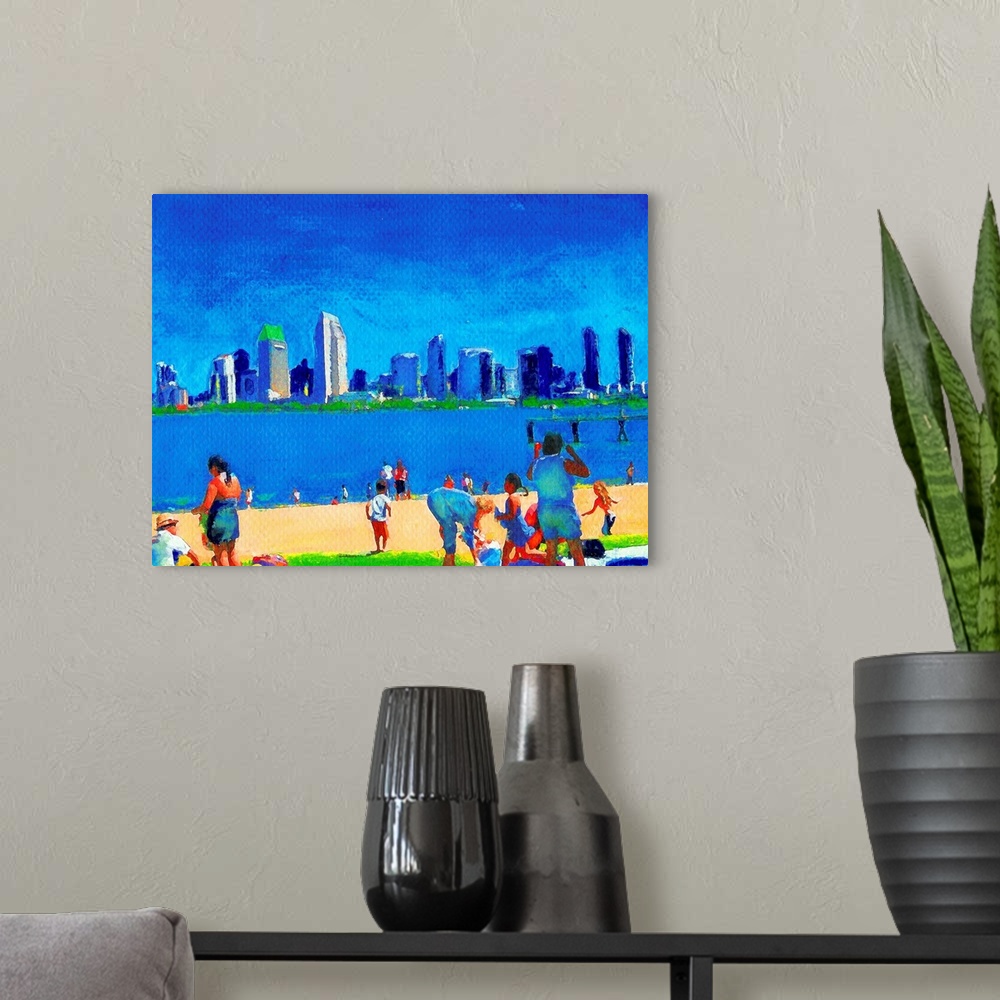 A modern room featuring Watercolor painting of one of the best city views from the beach at the Ferry Landing on Coronado...
