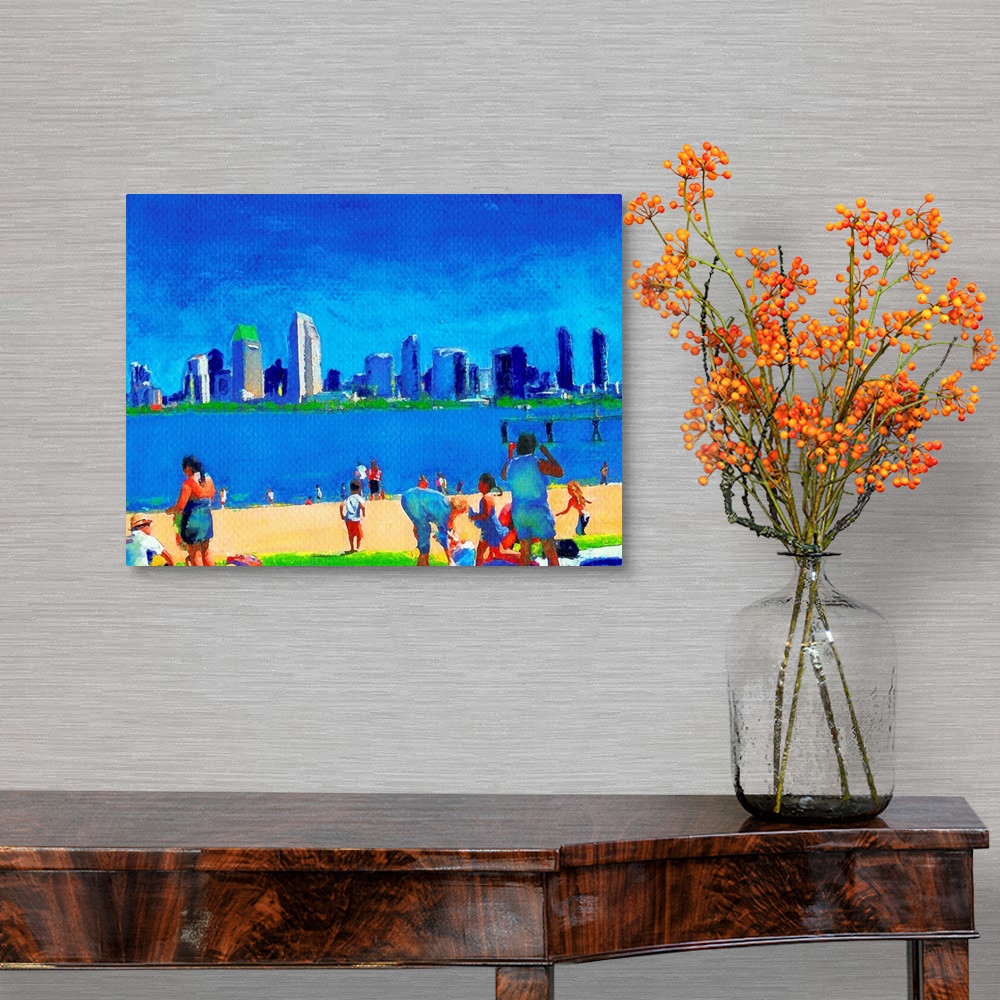 A traditional room featuring Watercolor painting of one of the best city views from the beach at the Ferry Landing on Coronado...