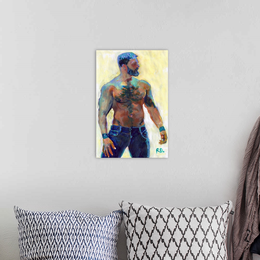 A bohemian room featuring Bear In Blue Jeans by RD Riccoboni. Sexy picture of a shirtless man with a beard.