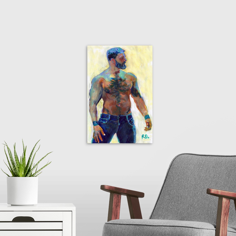 A modern room featuring Bear In Blue Jeans by RD Riccoboni. Sexy picture of a shirtless man with a beard.