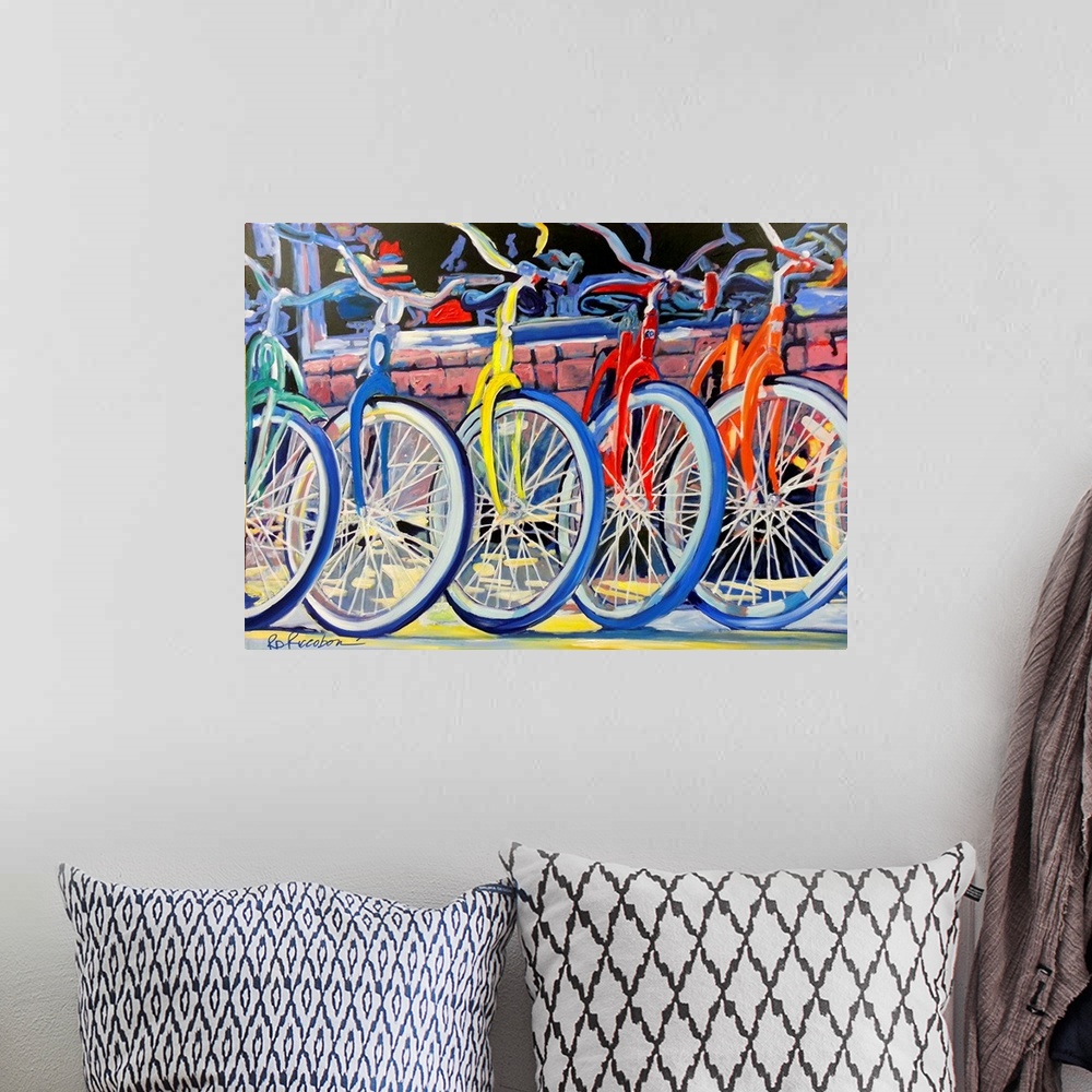 A bohemian room featuring A green, blue, yellow, red, and orange bike lined up in front of the bicycles store.