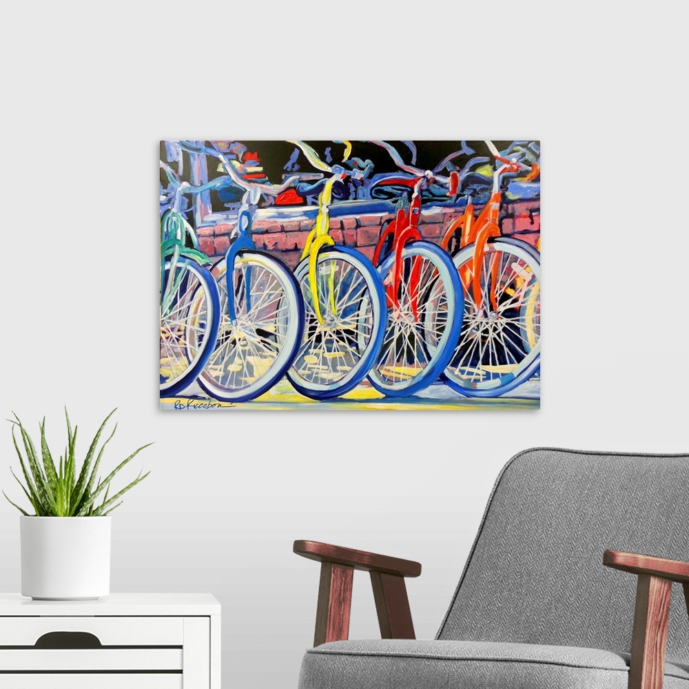 A modern room featuring A green, blue, yellow, red, and orange bike lined up in front of the bicycles store.