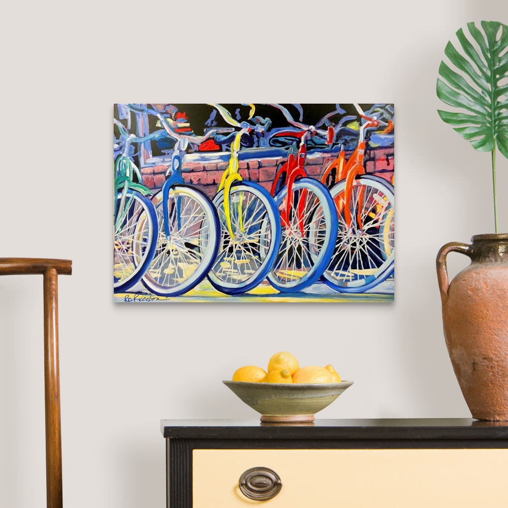 A traditional room featuring A green, blue, yellow, red, and orange bike lined up in front of the bicycles store.