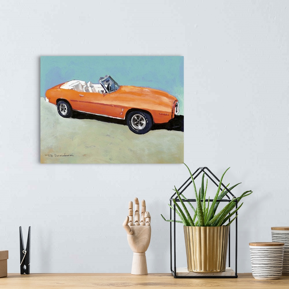 A bohemian room featuring This Hot rod captured in the bright sun of a Southern California beach day in orange, red blue an...