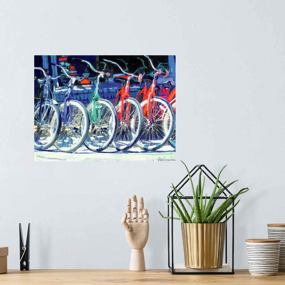 A bohemian room featuring Contemporary painting of colorful bicycles parked in a row outside of a shop.