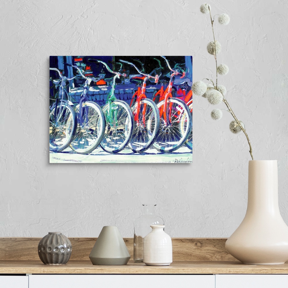 A farmhouse room featuring Contemporary painting of colorful bicycles parked in a row outside of a shop.