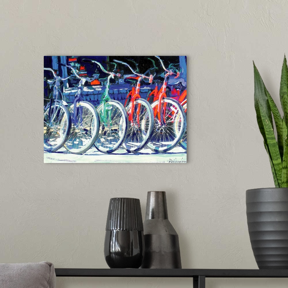 A modern room featuring Contemporary painting of colorful bicycles parked in a row outside of a shop.