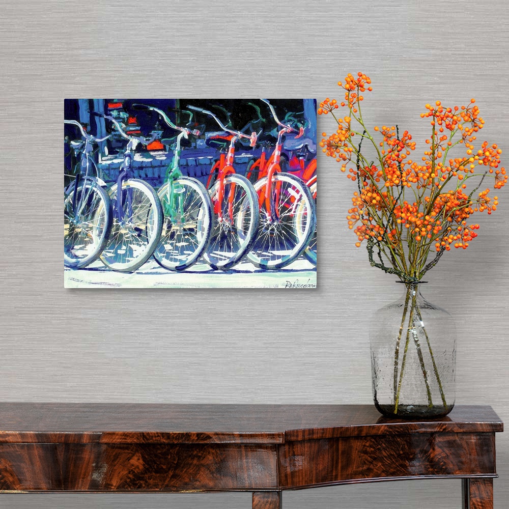 A traditional room featuring Contemporary painting of colorful bicycles parked in a row outside of a shop.