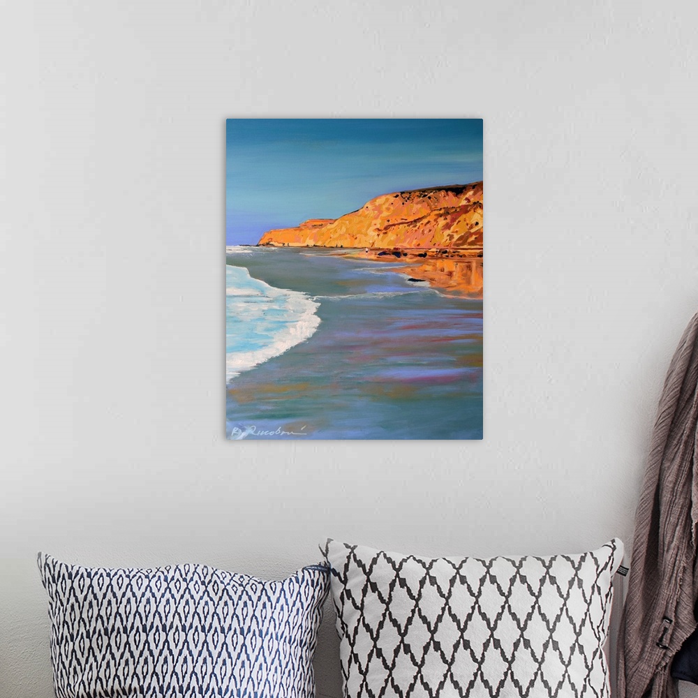 A bohemian room featuring Blacks Beach Cliffs at Low Tide by RD Riccoboni. La Jolla San Diego, reflects into the shimmering...