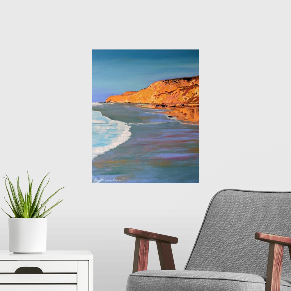 A modern room featuring Blacks Beach Cliffs at Low Tide by RD Riccoboni. La Jolla San Diego, reflects into the shimmering...