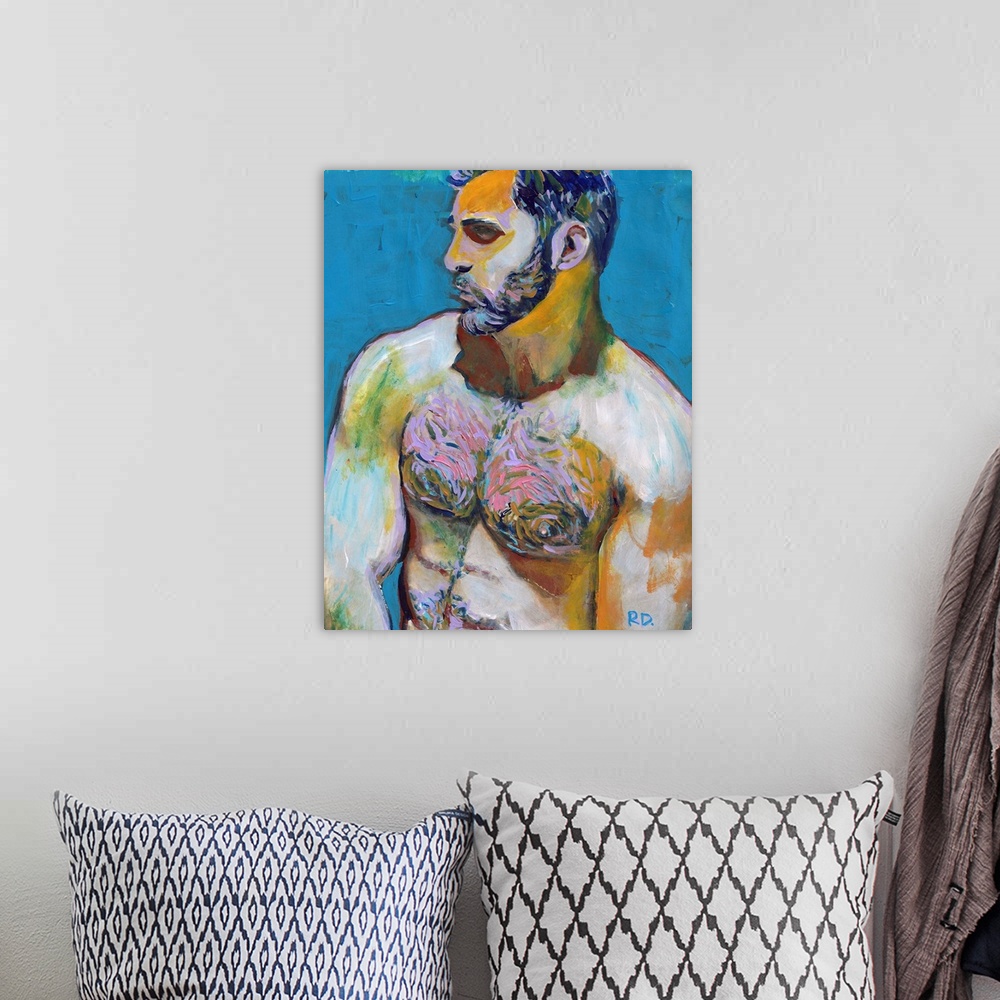 A bohemian room featuring Blue Beard  by RD Riccoboni. Painting of a sexy bearded and hairy chested man.