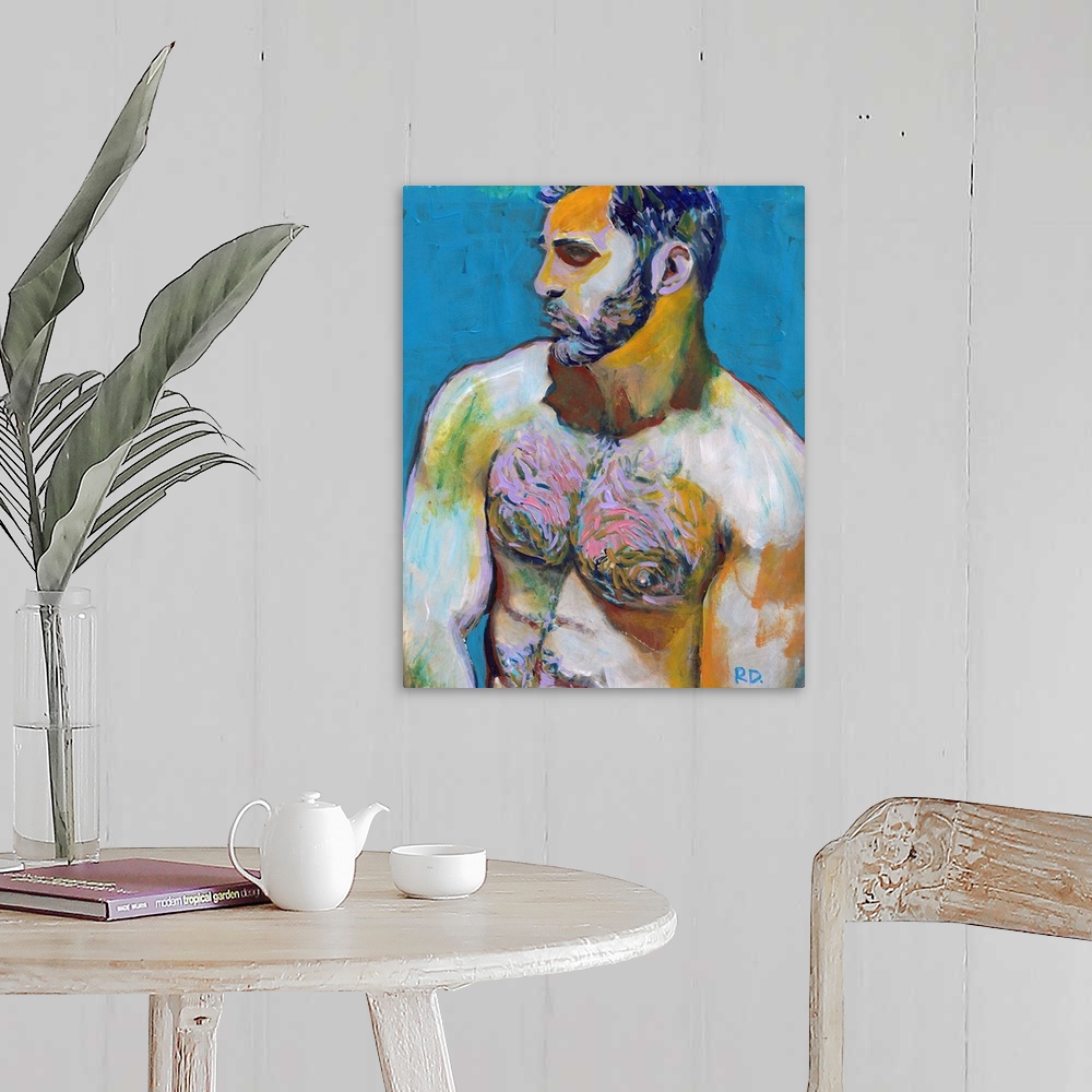 A farmhouse room featuring Blue Beard  by RD Riccoboni. Painting of a sexy bearded and hairy chested man.