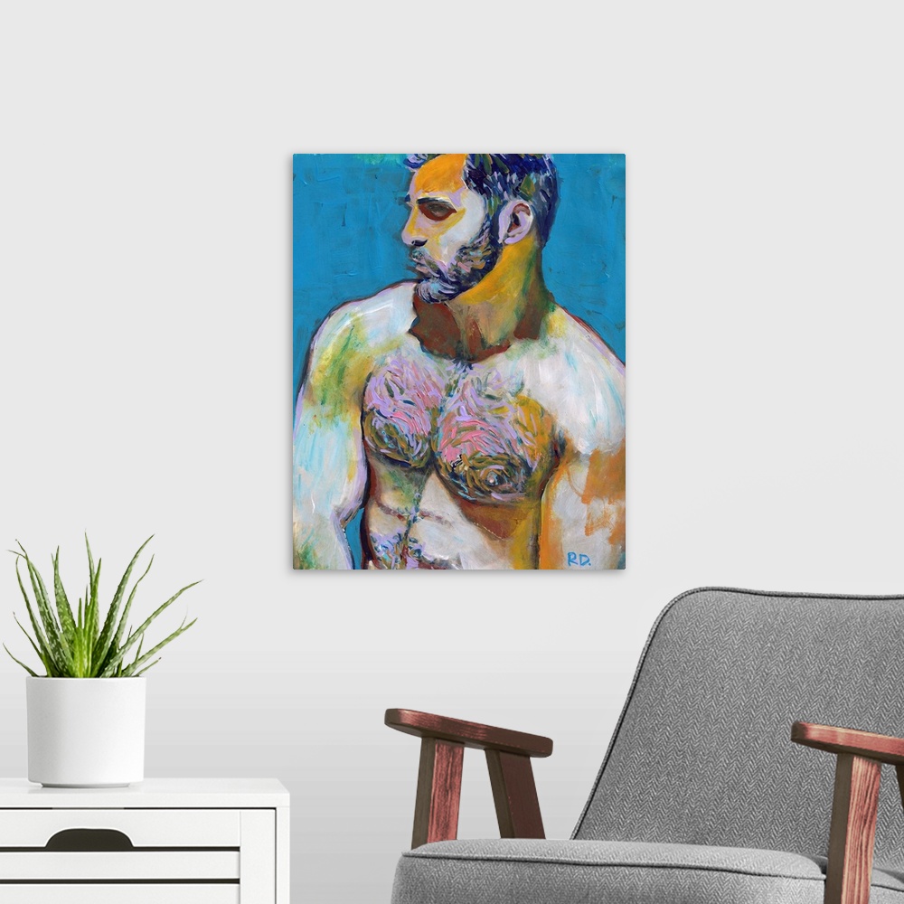 A modern room featuring Blue Beard  by RD Riccoboni. Painting of a sexy bearded and hairy chested man.
