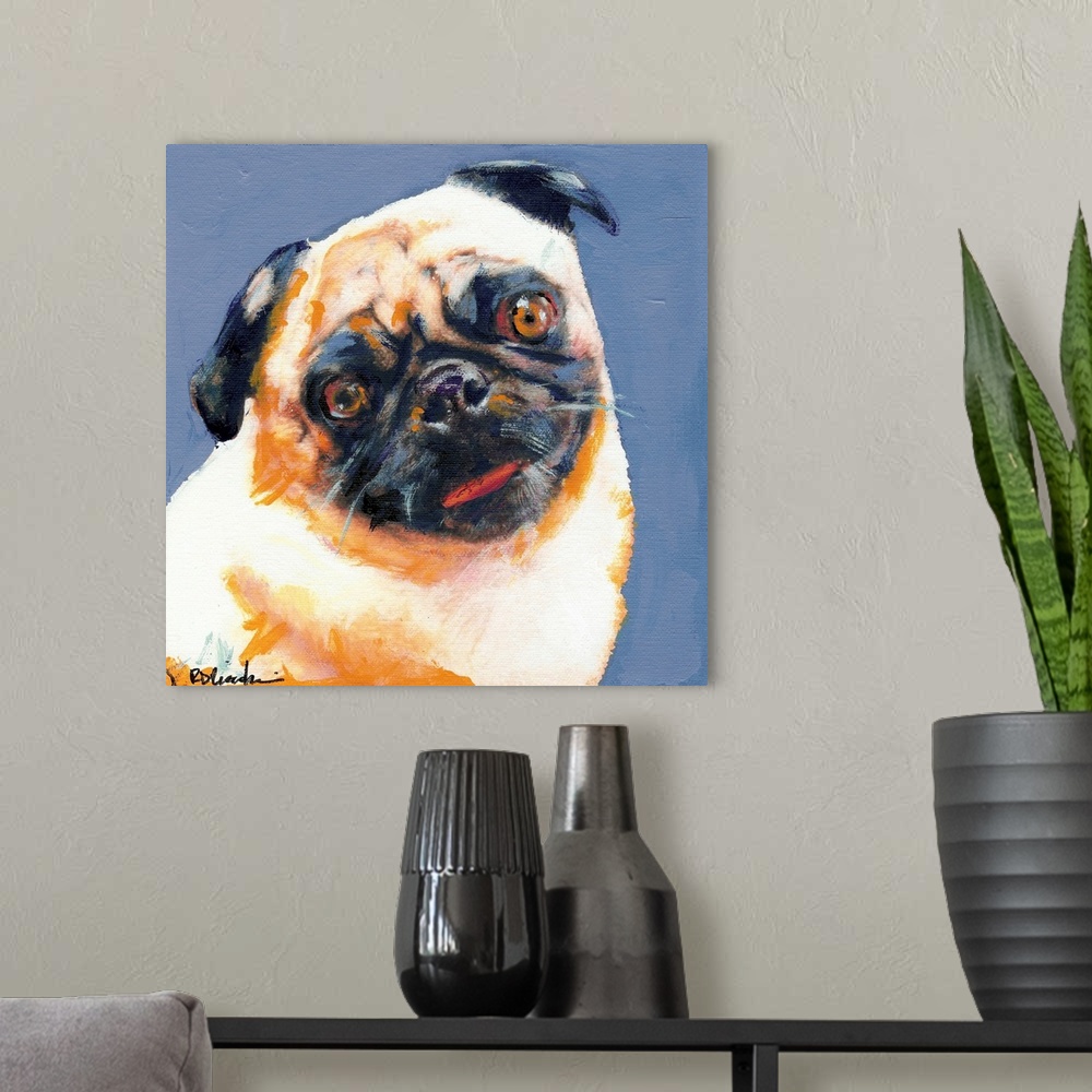 A modern room featuring Square painting of a Pug on a blue background.