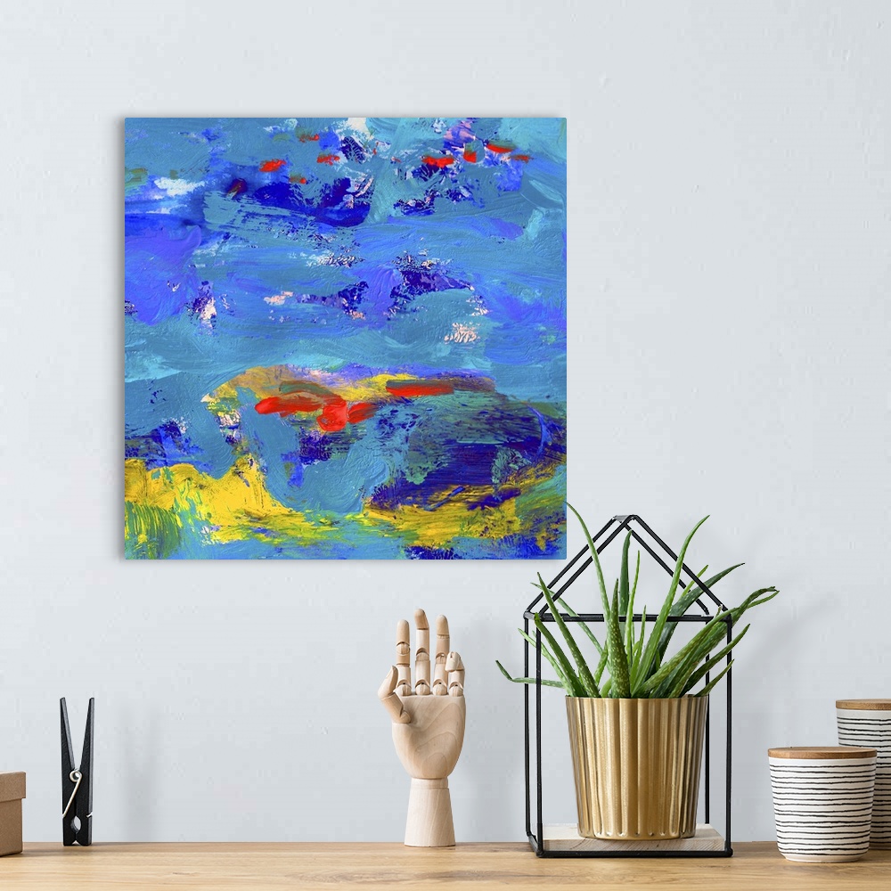 A bohemian room featuring Blue Carnival by the Sea Abstract Painting by RD Riccoboni.