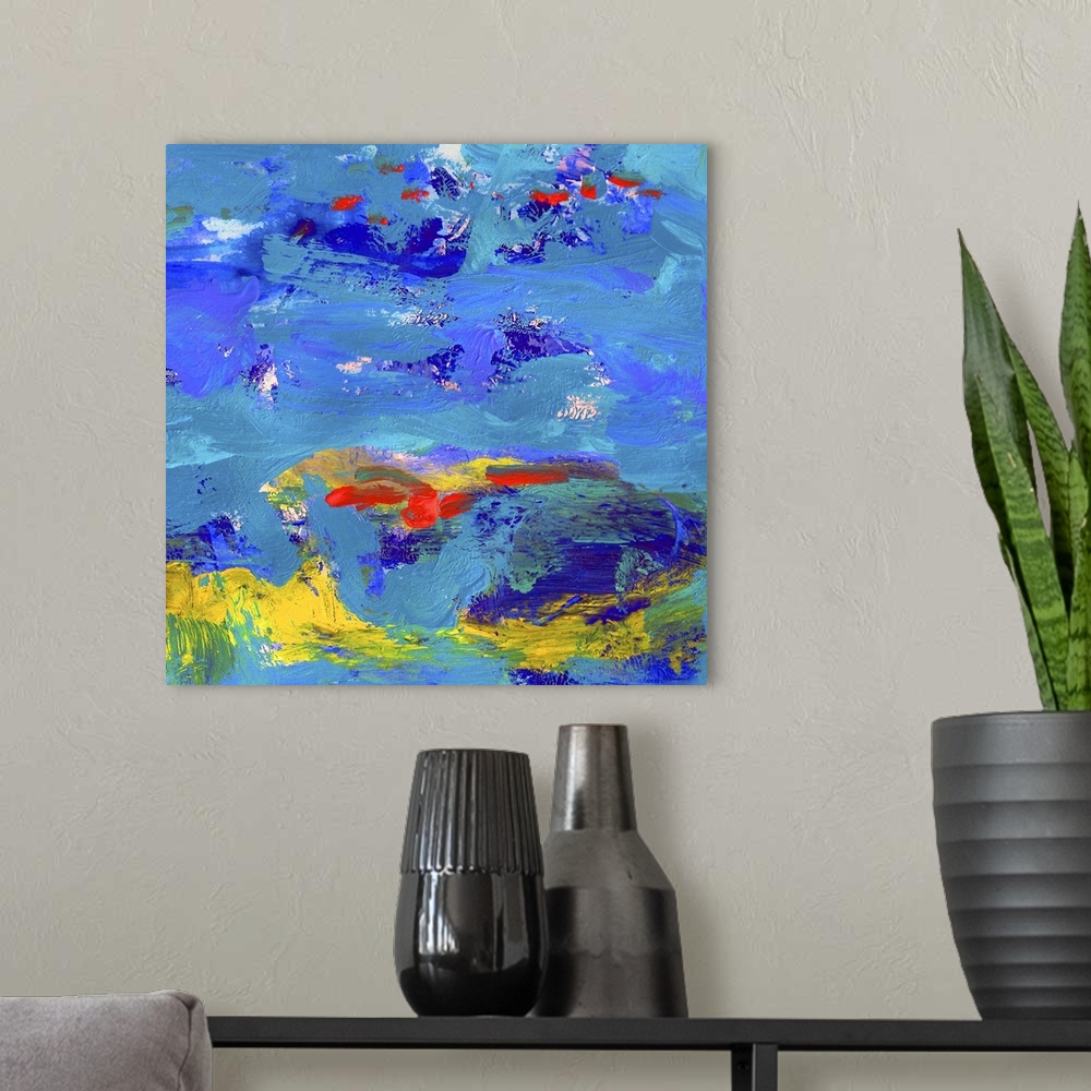 A modern room featuring Blue Carnival by the Sea Abstract Painting by RD Riccoboni.