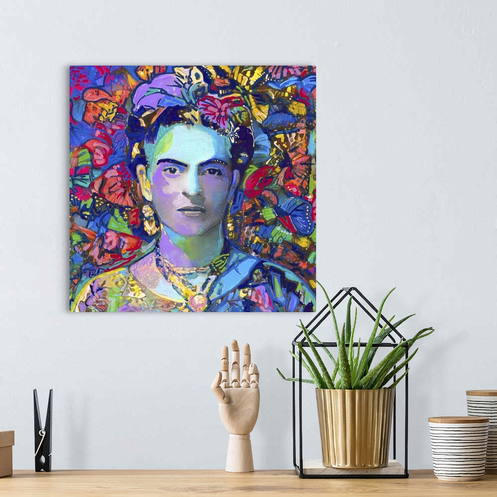 A bohemian room featuring A moody painting portrait of Frida with colorful broken and fractured butterfly wings surround th...