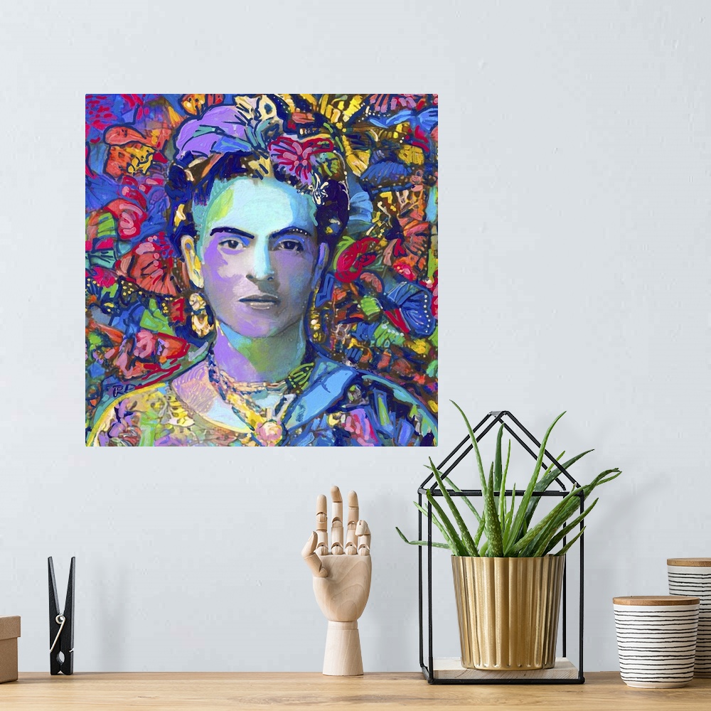 A bohemian room featuring A moody painting portrait of Frida with colorful broken and fractured butterfly wings surround th...
