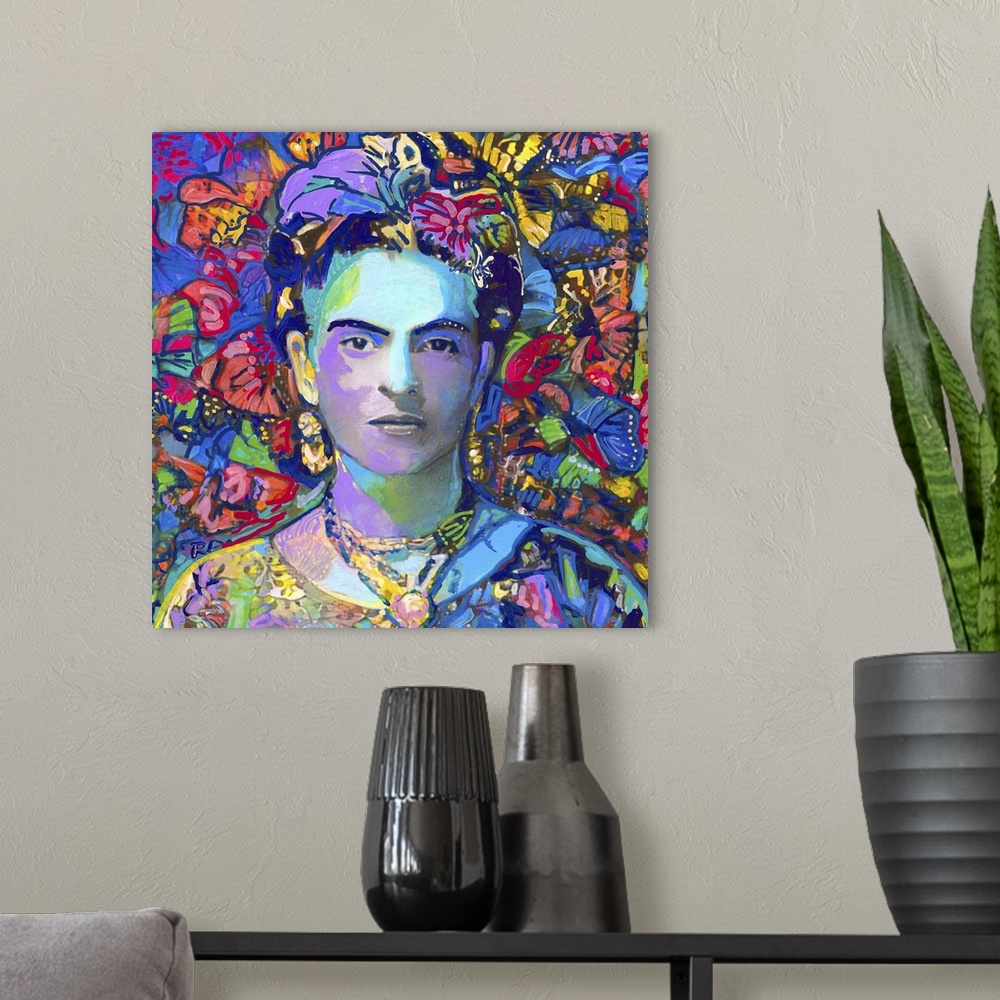 A modern room featuring A moody painting portrait of Frida with colorful broken and fractured butterfly wings surround th...