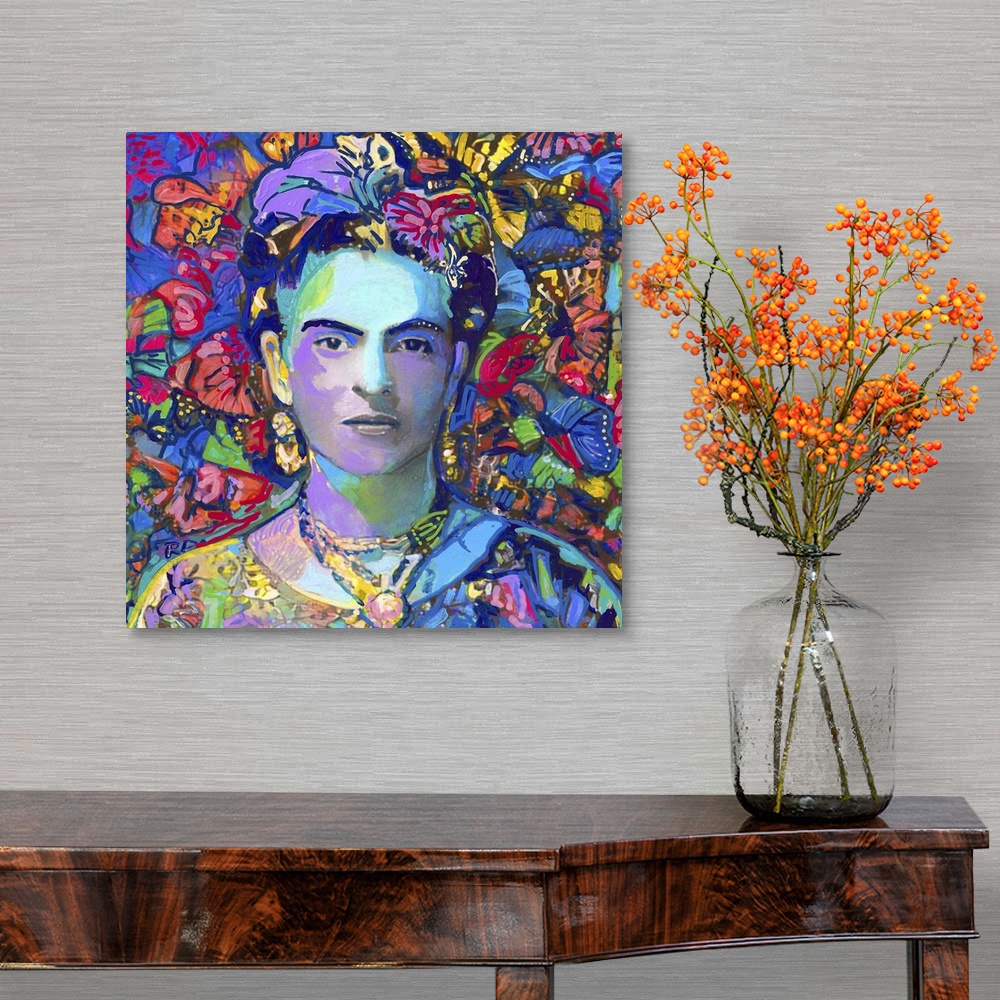 A traditional room featuring A moody painting portrait of Frida with colorful broken and fractured butterfly wings surround th...