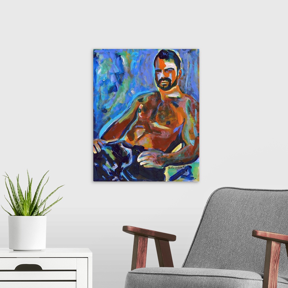 A modern room featuring Blue Macho, by RD Riccoboni, Abstract portrait of sexy bare chested man. From the Bear Gallery co...