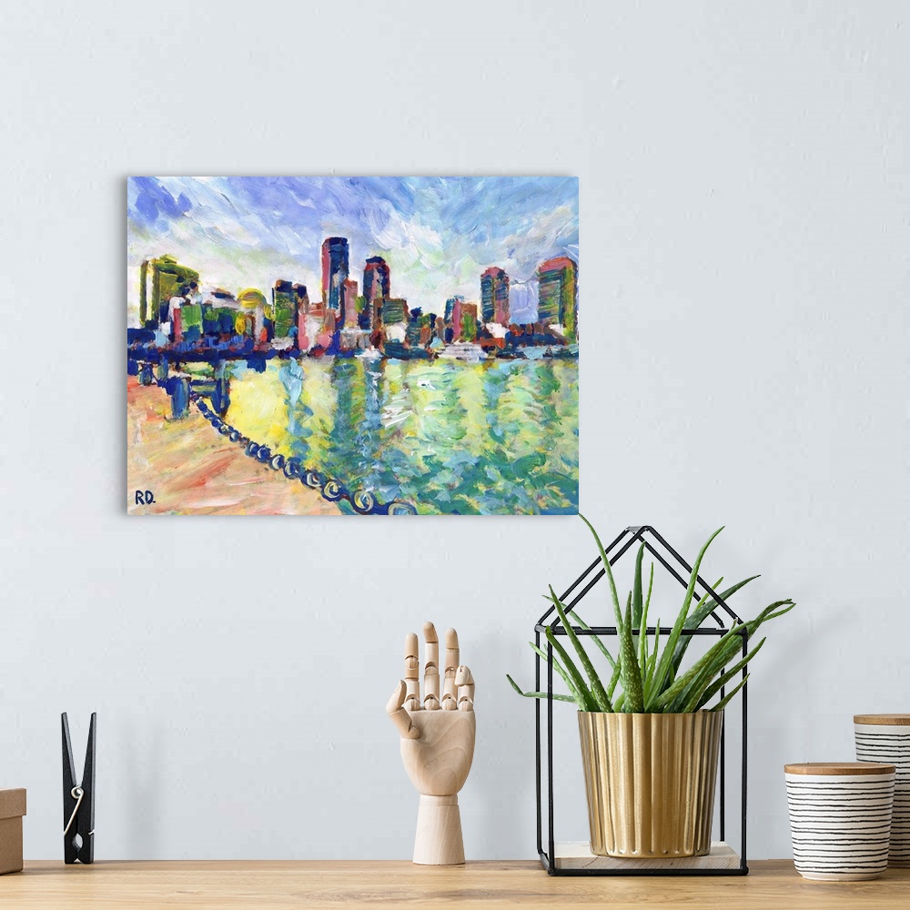 A bohemian room featuring Boston Massachusetts, Boston Harbor and Bay painting by RD Riccoboni with the Skyline of New Engl...